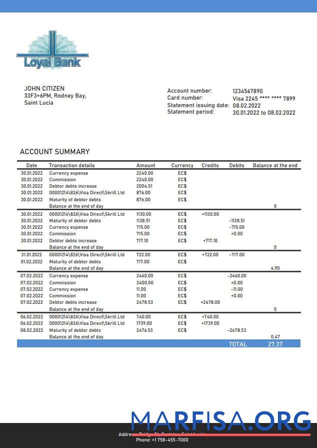 Realistic Saint Lucia Loyal bank statement word template